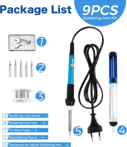 Miniatura 3 de Kit de soldador, herramienta de soldadura de temperatura ajustable de 60 W 220 V, incluye 5 puntas de repuesto, hierro de soldadura de ajuste