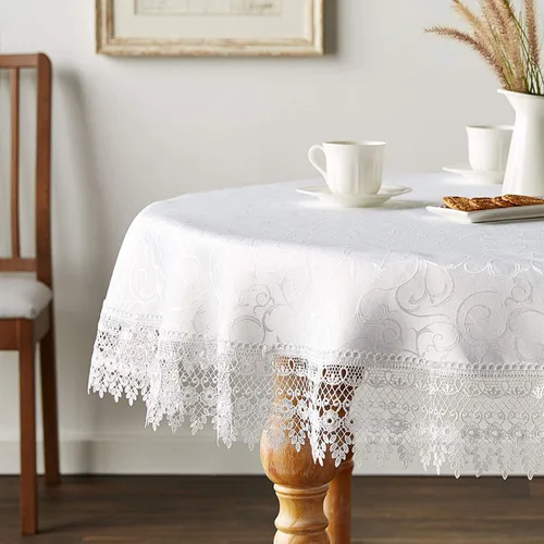 Miniatura 9 de Violet Linen Manteles jacquard de damasco de poliéster con patrón de encaje vintage, 70 pulgadas, redondo, beige
