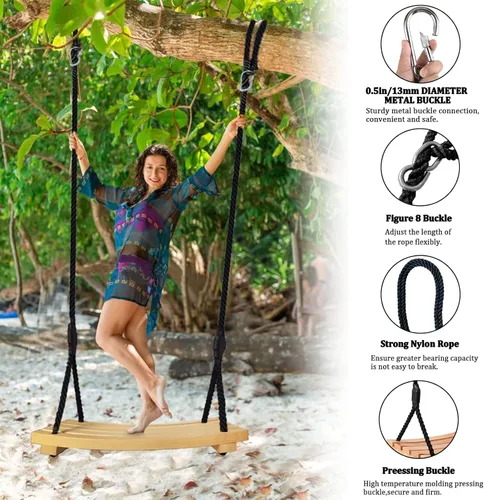 Miniatura 2 de Asiento de columpio de madera, columpio colgante de árbol para adultos y niños, juego de columpios de madera para exteriores, accesorios con cuerda