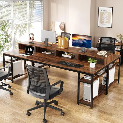 Miniatura 6 de Tribesigns Escritorio para Dos Personas con Soporte para Monitor, Escritorio de Oficina Doble para Computadora de 78.74" de Largo con Estantes