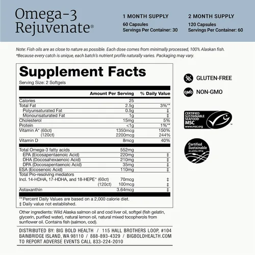 Miniatura 7 de BIG BOLD HEALTH Suplemento de aceite de pescado de Alaska silvestre rejuvenecedor Omega-3 con PRMs & ácidos grasos EPA, DHA y DPA Vitaminas A y D