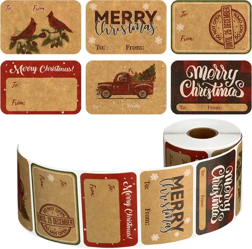 Zonon 400 etiquetas adhesivas de regalo de Navidad, etiquetas de papel kraft para regalo, 6 estilos, calcomanías de nombre de Navidad, etiquetas