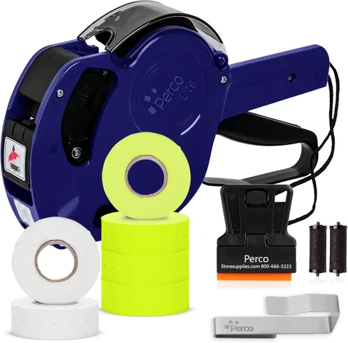 Miniatura 8 de Perco Lite - Pistola de precio de 1 línea con etiquetas, el kit incluye 3 rollos blancos, 3 rollos azules, 2 rodillos de tinta, 1 rollo de tinta