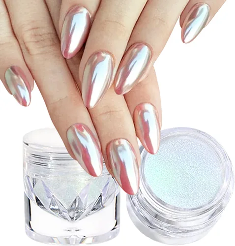 Miniatura 14 de 2 piezas de polvo de uñas cromado perla blanca súper brillante efecto espejo metálico, polvo cromado de unicornio de luna blanca para uñas, polvos