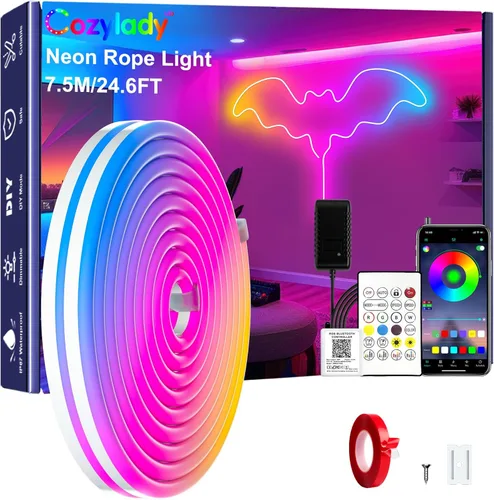 Miniatura 10 de Cozylady 40 pies (20 pies * 2 rollos) luces de cuerda LED RGB de neón para dormitorio, lámpara de tira LED de 12 m con cinta adhesiva de doble cara