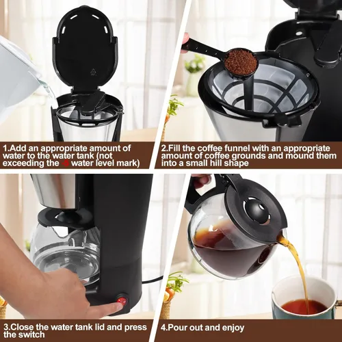 Miniatura 8 de Cafetera de goteo de 5 tazas de café antigoteo de un solo toque con jarra de filtro reutilizable, para mantener el calor, cuchara, cafetera