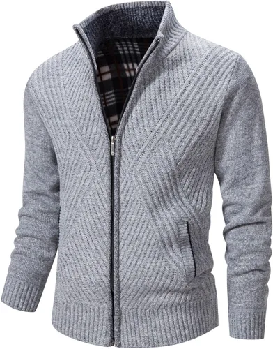 Miniatura 30 de VtuAOL Suéteres tipo cárdigan para hombre, con cremallera completa, cuello alto, cárdigan de punto casual con bolsillos