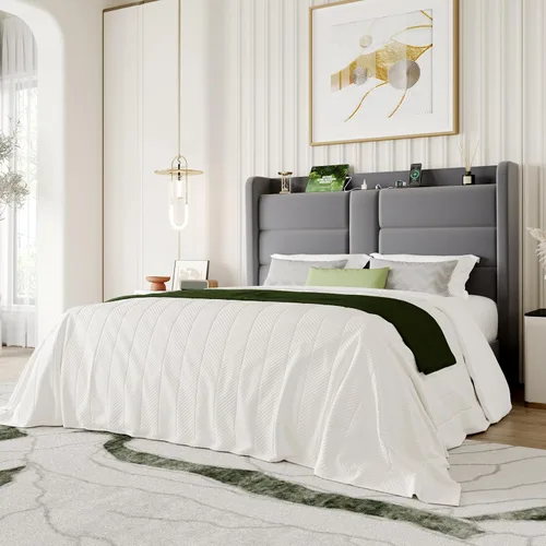 Miniatura 12 de SHA CERLIN Base de cama tapizada tamaño Queen con estante de almacenamiento y estación de carga, cama moderna de plataforma de terciopelo con Negro