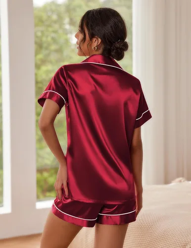 Miniatura 3 de Ekouaer Pijama de satén para mujer, con botones, ropa de dormir de suave tacto sedoso, para descansar en casa, camiseta de manga corta y pantalones
