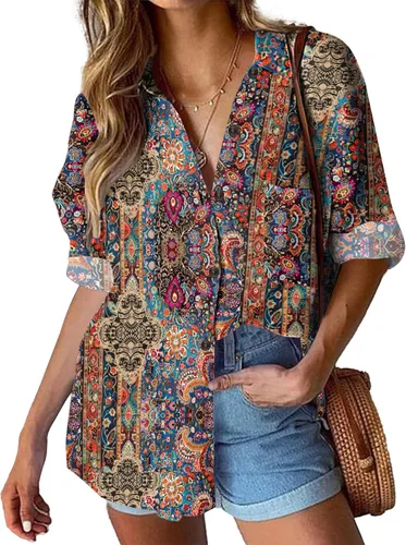 Miniatura 9 de HOTOUCH Camisa de manga larga con botones de lino para mujer, blusa de algodón casual, holgada, con cuello, para trabajo, de gasa, con bolsillo