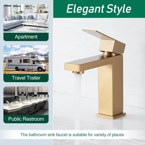 Miniatura 4 de VOTON Grifo de baño de oro cepillado, moderno grifo de baño de 1 agujero, grifo de lavabo de baño de una sola manija, oro cepillado con placa