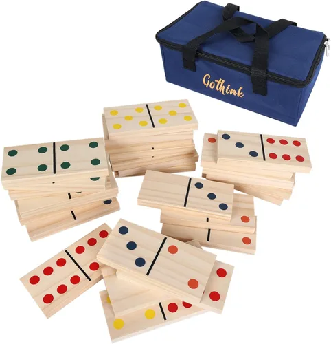 Miniatura 8 de GOTHINK Juego de dominó de madera gigante para adultos y niños, 28 piezas de azulejos de dominó de madera natural jumbo con puntos negros
