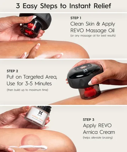 Miniatura 7 de REVO El Original - Masajeador inteligente 4 en 1 de terapia de ventosas, terapia de luz roja para alivio del dolor específico, nudos, dolores, dolor