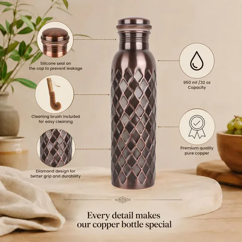 Miniatura 6 de Botella de agua de cobre real de 34 onzas, extra grande, botella de cobre puro para agua potable, botella ayurvédica de diamante antiguo, tapa a