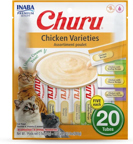 Inaba Churu Golosinas para gatos, puré cremoso sin cereales que se puede lamer y exprimir, suplemento con vitamina E y taurina, 0.5 onzas en cada