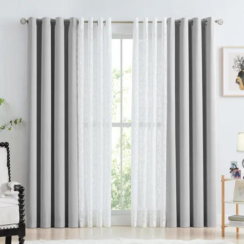 Miniatura 15 de Jubilantex Cortinas opacas completas + paneles de ventana transparentes con hojas, juego de tratamiento de ventana de doble capa estilo mezcla