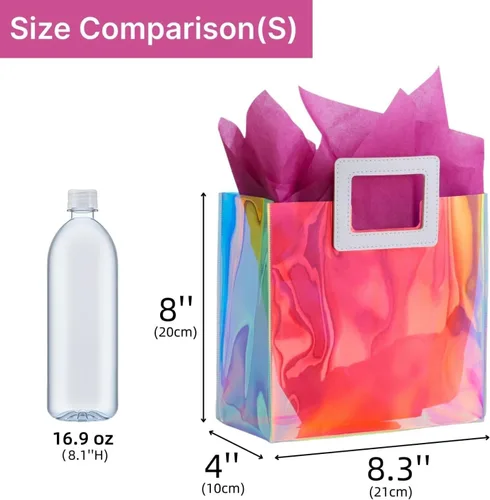 Miniatura 6 de Bolsa de regalo pequeña holográfica de 8.3'' con papel de seda, bolsa de regalo reutilizable para cumpleaños para niñas y mujeres, bolsa de novia, S