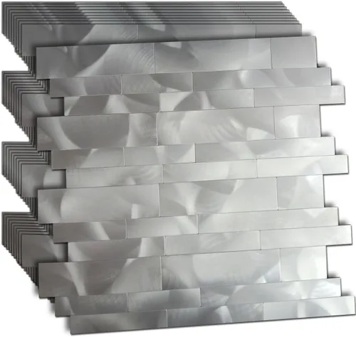 Miniatura 9 de XUANINY 10 hojas de azulejos metálicos despegar y pegar para protector contra salpicaduras, autoadhesivos de aluminio 3D, adhesivos de pared