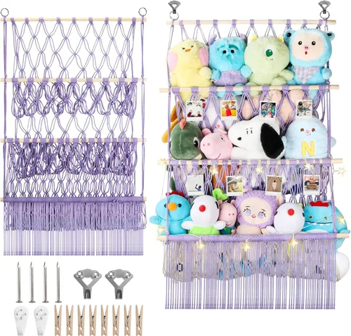 Miniatura 27 de Red de almacenamiento de animales de peluche de 2 niveles, 17 x 32 pulgadas, organizador grande de animales de peluche para pequeños rellenos