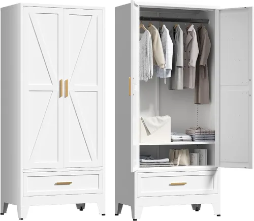 Washsemba 180 cm de armario de metal para casa rural con barra para colgar, 2 armarios de granero con estantes ajustables, cajón, para comedor,
