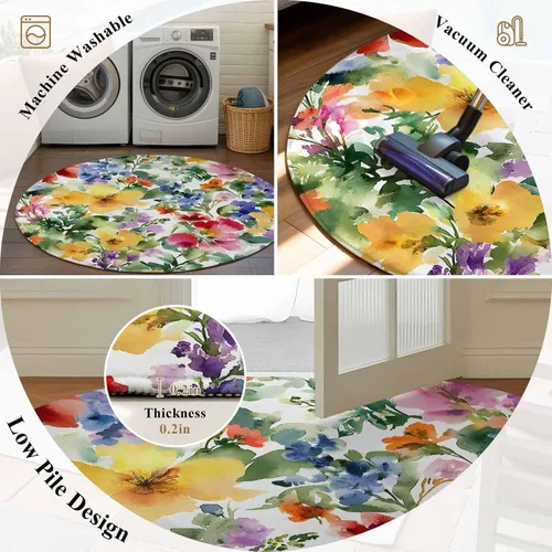 Miniatura 6 de Round Rugs 3 Feet, Green Yellow Floral Non Slip Area Rugs for Living Room, Bedroom, Barhroom, Entryway, Purple Blue Watercolor Retro Leaf Soft