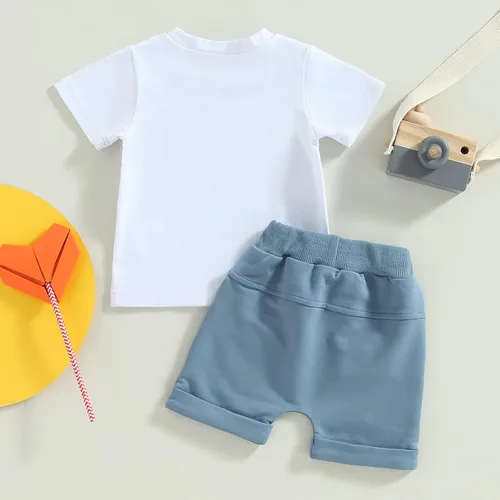 Miniatura 60 de Conjunto de traje de verano para bebé niño pequeño, manga corta, cuello redondo, letras impresas, lindo traje de verano, conjunto de 2 piezas