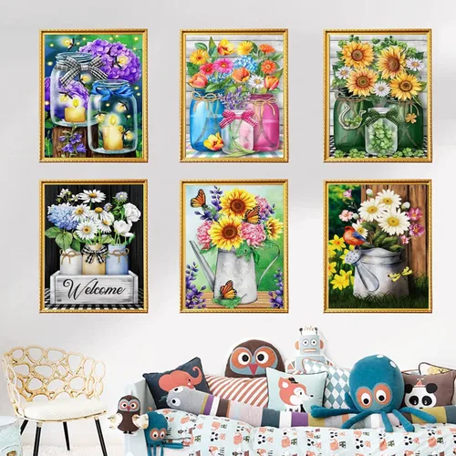 Miniatura 4 de AiYuanzsh Paquete de 6 pinturas de diamantes, kits de pintura de diamantes de flores para adultos, taladro completo por números 5D, arte floral