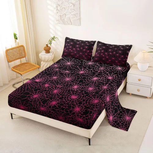 Miniatura 10 de Erosebridal Sábanas de Telaraña Juego de Sábanas Feliz Halloween Juego de Ropa de Cama de Líneas Rayas Geométricas Tamaño King Sábana Plana Amarillo