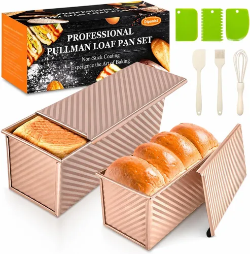Miniatura 10 de Paquete de 2 moldes para pan con tapas, capacidad de masa de 1 libra, molde para pan Pullman de acero al carbono antiadherente para sándwich casero