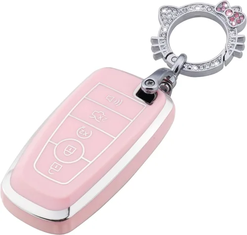 Pangpai Funda rosa para llavero Ford, funda de TPU suave con llavero brillante para Edge Escape Expedition Explorer Fusion Mustang Ranger F-150 F-250
