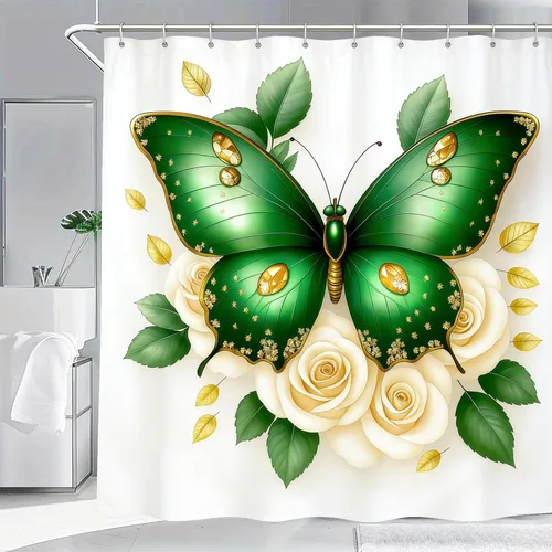 Cortina de ducha de mariposas Dreamrflove, 1 unidad de cortinas de ducha de mariposas para baño, cortina de ducha floral de mariposas verde, cortina