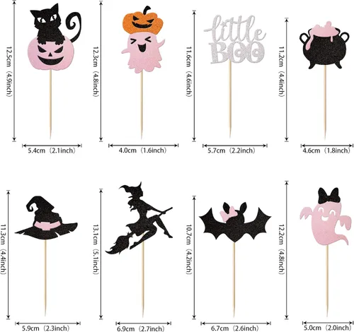 Miniatura 2 de Paquete de 24 adornos para cupcakes de Halloween con purpurina rosa, fantasma, pequeño abucheo, murciélago, bruja, gato, calabaza, magdalena