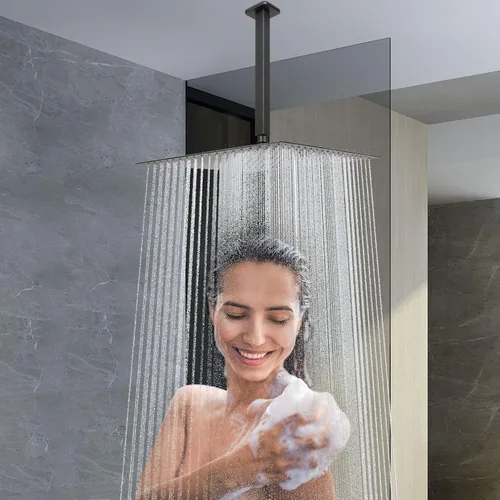 Miniatura 7 de NearMoon Cabezal de ducha tipo lluvia con brazo de ducha, ducha cuadrada para montaje en techo, cabezal de ducha de techo de acero inoxidable, Negro