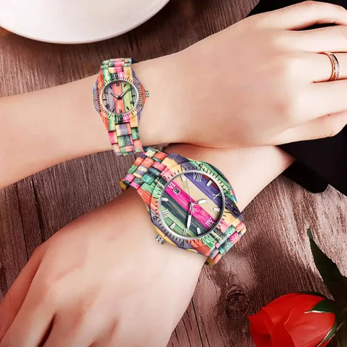 Miniatura 6 de Tiong Reloj de madera para mujer con correa de madera, cuarzo analógico, diseño clásico, colorido reloj de pulsera de bambú para damas, parejas..