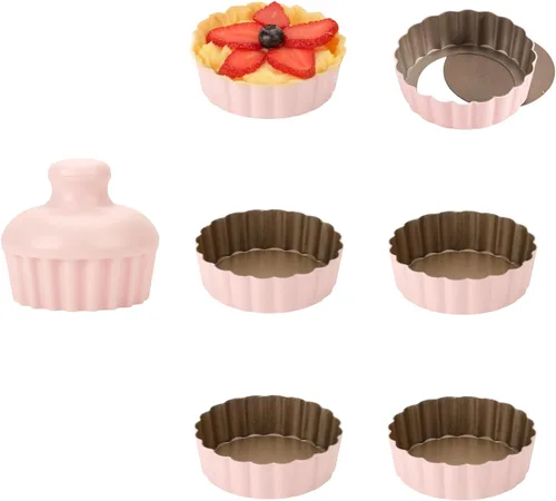 Miniatura 6 de Juego de mini sartenes para tartas de 1 pulgada de profundidad, 6 sartenes de 3.6 pulgadas con parte inferior extraíble y bandeja para tartas