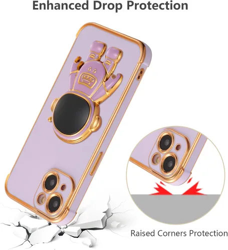 Miniatura 5 de RALEAVO Funda para iPhone 13, bonita funda de astronauta 6D con función de soporte, cubierta de enchapado de lujo, ajuste delgado, TPU suave, Púrpura