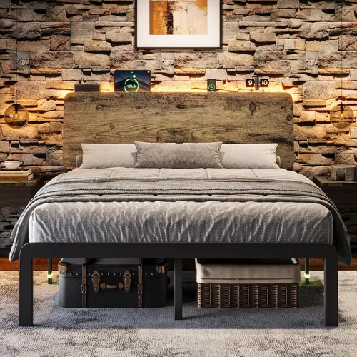Miniatura 8 de Einhomn Base de cama Queen con cabecera de almacenamiento ergonómico, marco de cama LED con estación de carga, almacenamiento debajo de la cama