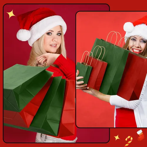 Miniatura 6 de Tenceur 100 bolsas de regalo de Navidad rojas y verdes, bolsas de papel kraft con asas, regalo de vacaciones para boda, baby shower, despedida