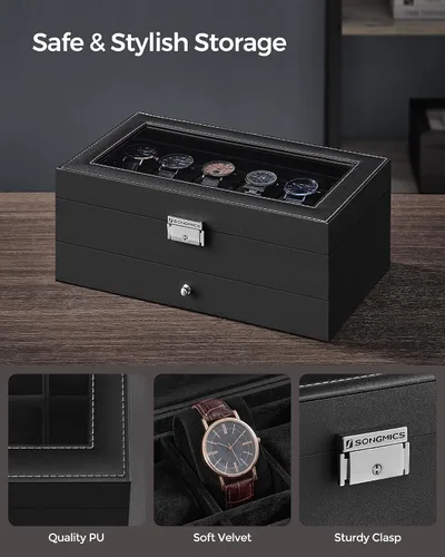 Miniatura 81 de SONGMICS UJWB012 - Caja de reloj de 12 ranuras, caja de reloj con cerradura con tapa de vidrio, 2 capas, con 1 cajón para anillos, pulseras, idea