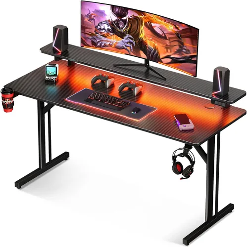 Miniatura 7 de MOTPK Escritorio pequeño para juegos de 39 pulgadas con luces LED, mesa de juegos para computadora con estante para monitor, escritorio