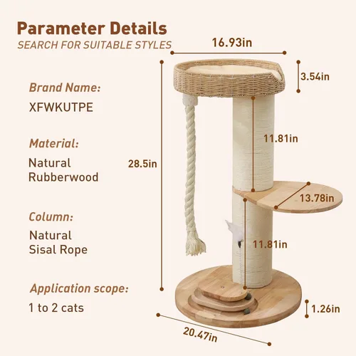 Miniatura 7 de Árbol moderno para gatos grandes, torre para gatos de madera maciza con poste rascador extragrueso, torre de gato de pie para gatos