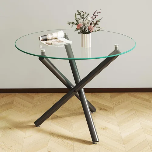 Miniatura 11 de Mesa de comedor redonda de 36 pulgadas para 4, mesa de comedor contemporánea de vidrio templado, mesa de comedor pequeña con base de metal de cruz
