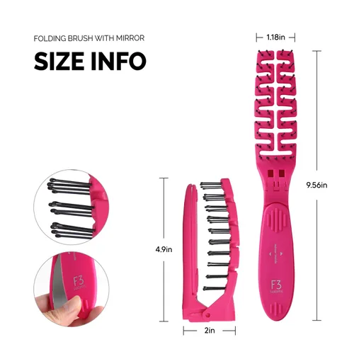 Miniatura 7 de Cepillo de pelo plegable compacto con espejo, peine desenredante para adultos y niños, portátil para viajes y almacenamiento, cabello húmedo y seco