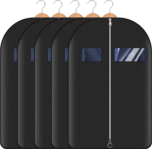 Miniatura 9 de Hleelomi Paquete de 5 bolsas de traje de 40 pulgadas para viajes y almacenamiento, bolsas de ropa para colgar ropa con cremallera y ventana Negro