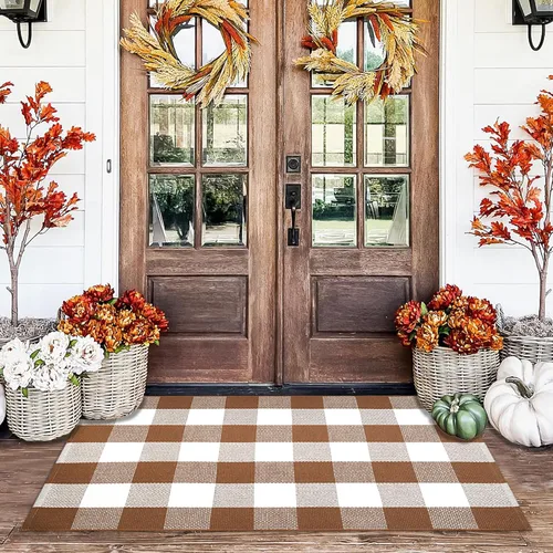 Homydecor - Alfombras de lana a cuadros de búfalo para exteriores de 28'' x 43'', alfombra de área a cuadros café y blanco, alfombra para superponer