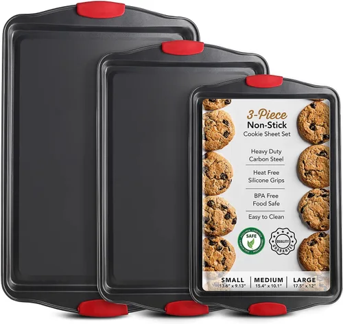 Miniatura 9 de Juego de bandejas para hornear, juego de bandejas para galletas de 2 piezas con asas de silicona, bandeja de acero para hornear, bandejas