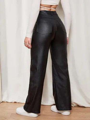 Miniatura 2 de WDIRARA Pantalones largos con bolsillo inclinado y pierna recta, de alta elasticidad, con aspecto de cuero, para mujer