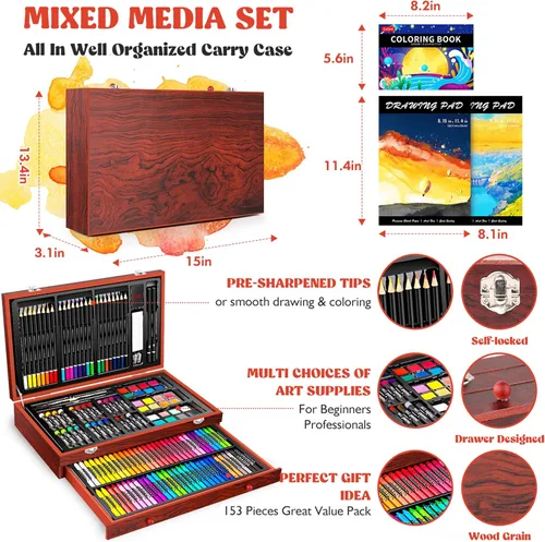 Miniatura 3 de Caliart Suministros de arte, paquete de 153 piezas de arte de lujo en estuche de madera, kits de pintura de dibujo para manualidades con 2 blocs