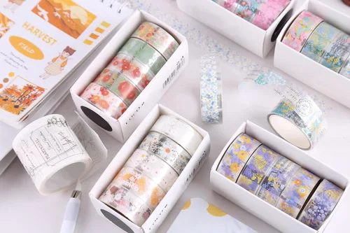 Miniatura 5 de YUBBAEX 5 rollos de juego de cinta adhesiva Washi con patrón floral PET Flores decorativas transparentes para manualidades, bricolaje, diarios