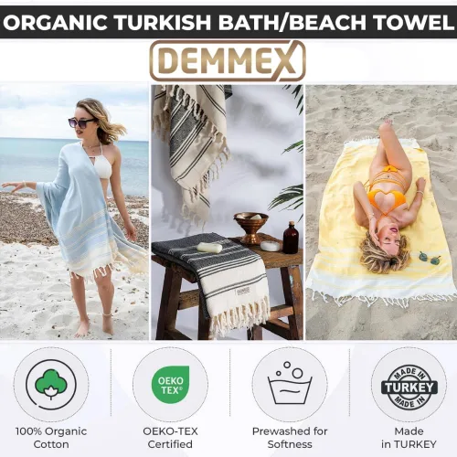 Miniatura 2 de DEMMEX Toalla de baño suave de algodón turco orgánico - Peshtemal de lujo de gran tamaño para baño, sábana de baño - Toalla de playa ligera de Azul
